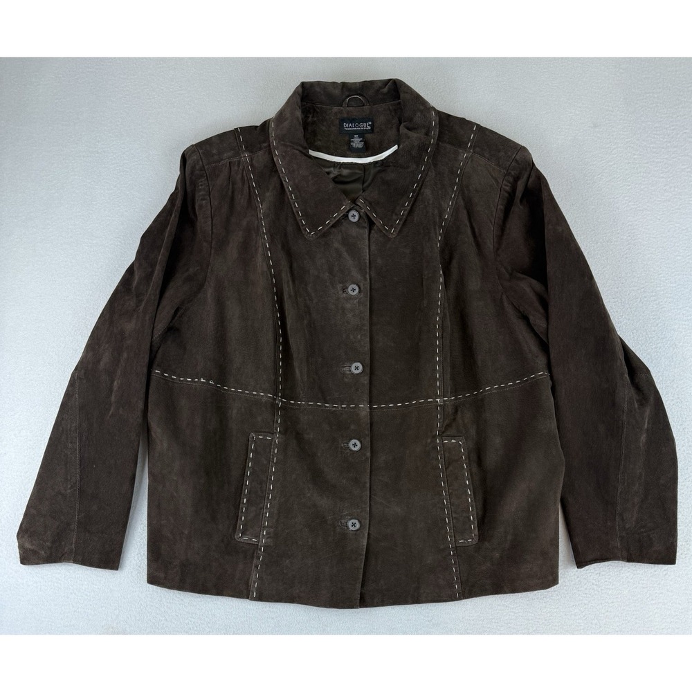 Dialogue Suede‎ Leather Collared Button Up Lined Jacket Women's Size 3X Brown